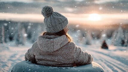 A young person enjoys a snowy winter day while sledding down a hill.