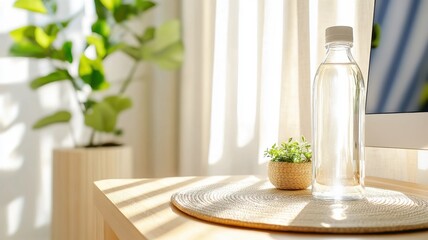 Minimalistic eco workstation setup with vertical monitor and desk plant in bright indirect sunlight