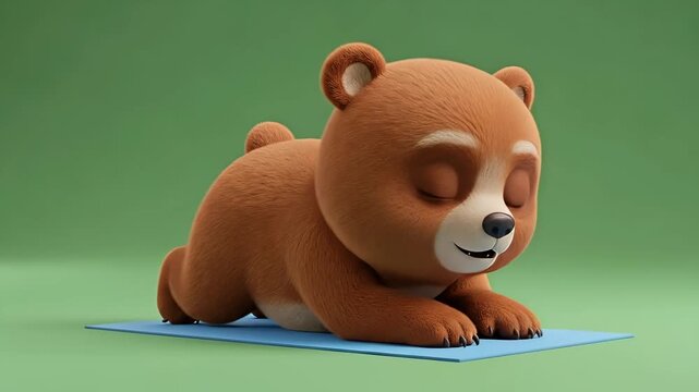 Cute cartoon bear doing yoga on a mat with green screen background