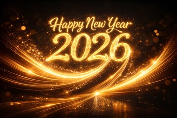 Futuristic Happy New Year 2026 celebration background with neon city skyline, glowing digital countdown typography and cinematic cyberpunk festive atmosphere at night