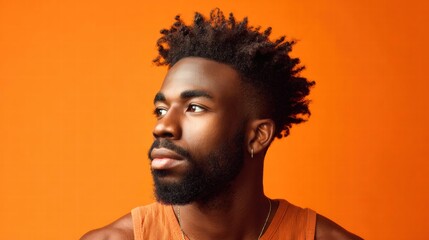 Handsome Black man with stylish haircut posing against a vibrant orange backdrop.