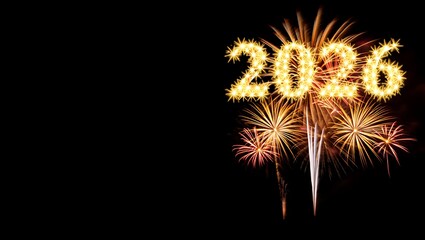 New Year 2026 fireworks explode in the night sky, with the year formed by sparklers above.