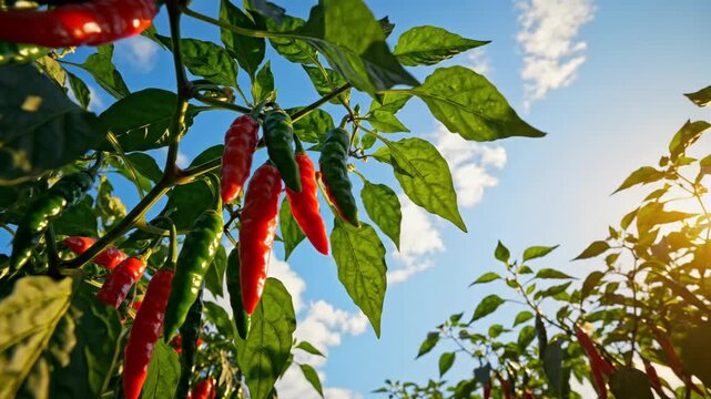 Low angle view of red and green chili peppers growing on a plant. Spicy vegetables in a farm garden under bright sunlight and blue sky. Organic agriculture and harvest concept