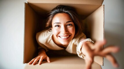 A smiling woman reaches out from a cardboard box, ready to embrace new possibilities.