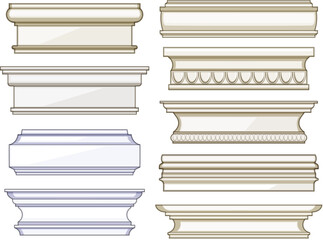 Set of assorted architectural molding profiles providing different design options and decorative elements for interior trim, baseboards, and cornice applications in home improvement projects © PikePicture