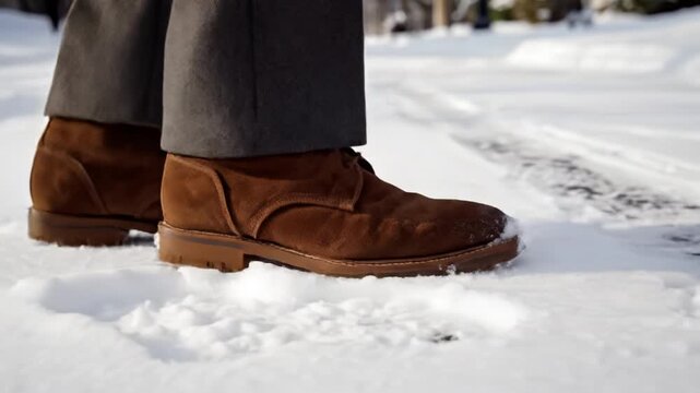 Brown suede boot on snowy pavement with gray trouser hem stepping across icy sidewalk and snow clump on toe winter shoe creating textured sole imprint and muted outdoor mood