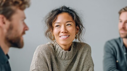 A cheerful woman shares a smile while engaging in a conversation with her colleagues.