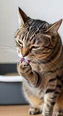 Cute tabby cat licking its paw with pink tongue out, close-up portrait of pet grooming hygiene and cleanliness.