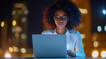 An African-American woman uses a laptop at night with city lights in the background.