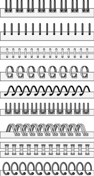 Collection of various binding methods including spiral coils, twin loop wires, and plastic comb spines, representing concepts of organization, stationery, and document assembly