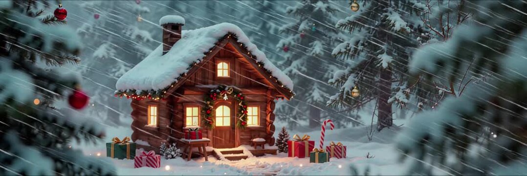 6k seamless looping Christmas cabin animation in the snow
