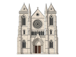 Fototapeta premium Front facade illustration of a tall lightcolored stone Gothic cathedral with twin towers