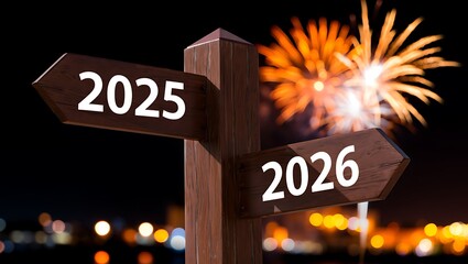 Wooden signpost pointing to 2025 and 2026 with fireworks at night, New Year's Eve choice