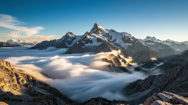 Snow capped mountain peak above low drifting cloud inversion sunrise with warm light granite ridge. majestic snow capped mountain peak sunrise with golden light, layered rocky ridges, valley fog