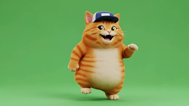 Cute cartoon cat wearing a cap, dancing on a green screen background