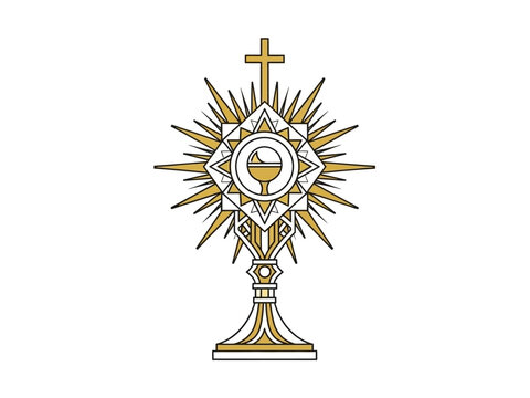 Stylized golden monstrance design with a cross and chalice symbol on white