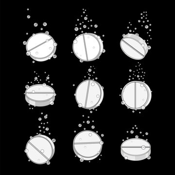Effervescent tablets dissolving in water, generating bubbles and representing themes of health, medicine, relief, and chemical reaction in a grid layout