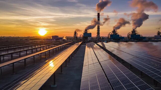 Solar panel array sunset at industrial power plant with cooling towers and smoke plume highlighting renewable energy transition and dramatic environmental contrast