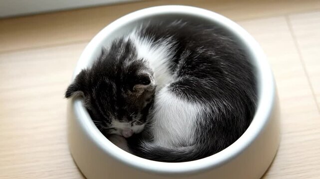 Sleeping black and white kitten curled up in a white pet bowl on a light wooden floor with a calm mood.