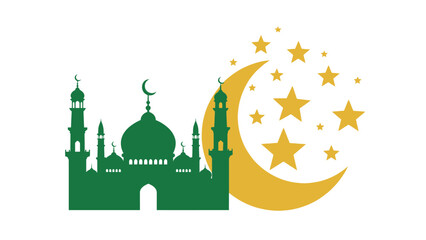 Green Mosque Silhouette with Golden Moon and Stars