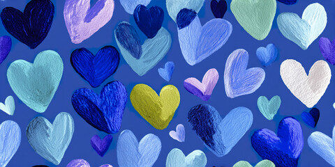 Blue heart pattern with various shades of blue and green hearts painted on blue background, creating soft and feminine artistic design full of light and gentle emotion