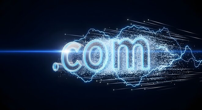 Digital domain name registration and web hosting services. Internet speed and network technology. Glowing dot com text moving fast with blue electric energy and light trails