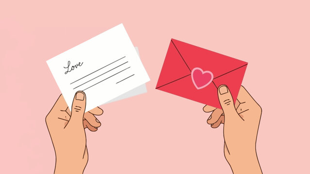 Hands holding love letter and red envelope with heart symbol, romantic communication concept