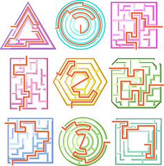 Nine different colorful maze games with highlighted solutions, providing a range of problem solving challenges and brain training activities for children and adults