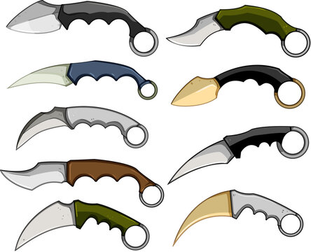 Collection of different karambit knives designs, illustrating various blade shapes, handle styles, and finger ring specifications for combat or self defense concepts