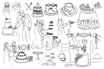 Hand drawn wedding vector set featuring couples cutting the cake, tiered desserts, and reception dining. Elegant black and white line art of marriage traditions, cakes, and guest service