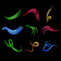 Obraz premium Colorful neon light streaks curl and swoosh on a black background, forming dynamic, glowing waves that suggest speed, motion, digital energy and futuristic flow