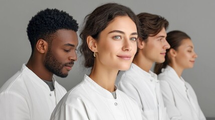 A diverse group of medical professionals, in white coats, looking into the camera with confidence.