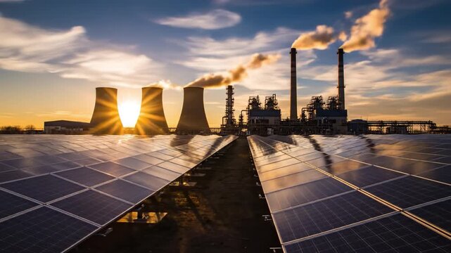 Solar panel field sunset with industrial power plant cooling tower horizon reflecting photovoltaic panels power plant cooling tower steam creating dramatic contrast between renewable energy
