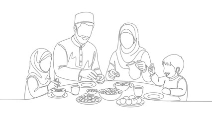 Happy Muslim Family Enjoying Iftar Meal Together, Continuous Line Art