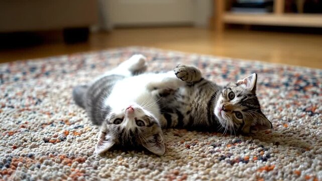 Two cats lying on their backs on a colorful rug in a room with wooden flooring and a blurred background.