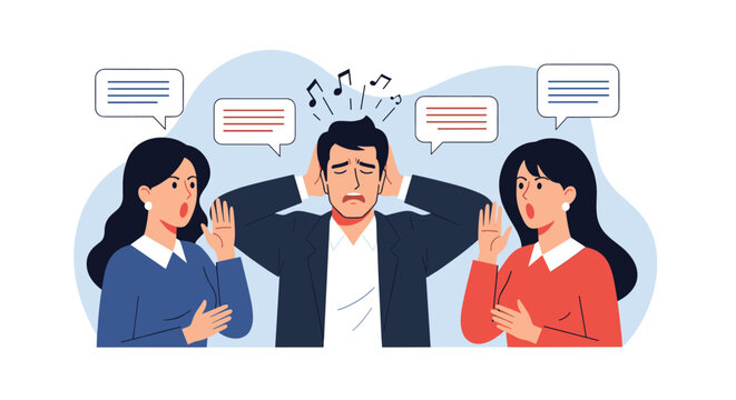 Stressed man covering his ears to block out the noise of two women arguing loudly on either side of him with speech bubbles.