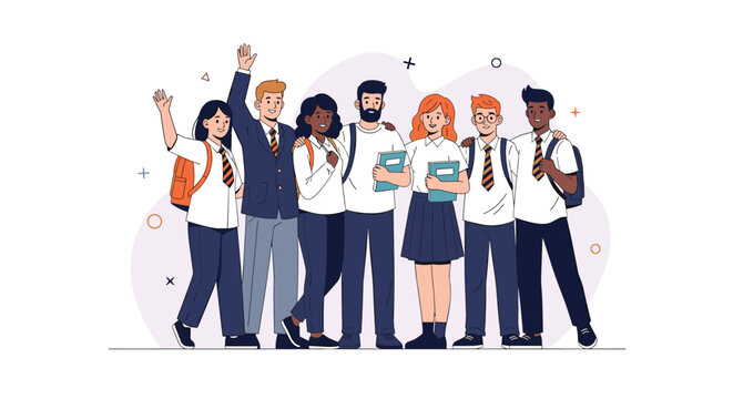 Diverse group of happy high school or university students standing together with their arms around each other in friendship.