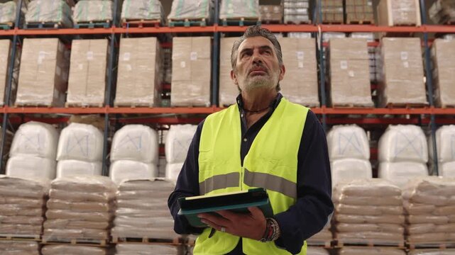 Mature warehouse worker checking inventory with tablet