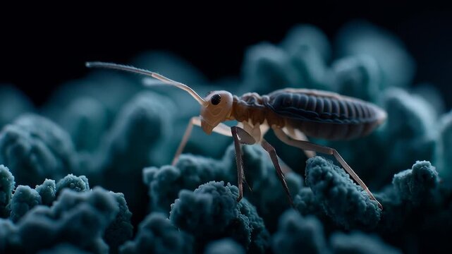 Close-up exploration of tiny insect on textured surface in dark environment