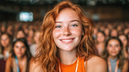 Smiling redhead woman with freckles in front of a crowd of people.