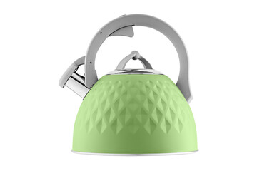 kettle with whistle, matte green color, with rhombus texture on isolated and white background...