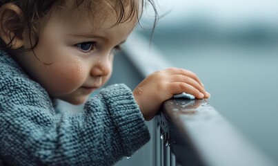 A little child sadly looks on, with tears, while resting on a wet railing.