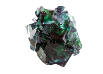 Macro photograph of a raw green fluorite specimen showcasing sharp cubic crystals, subtle translucency, and layered geometric patterns. Isolated on white for use in scientific, educational
