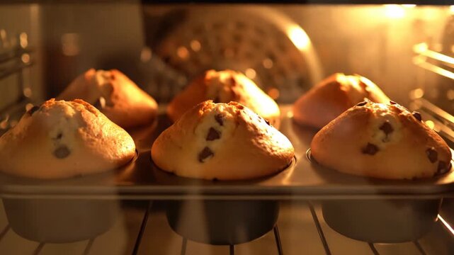 Time-lapse of chocolate chip muffins baking in an oven. Close-up of cakes rising and turning golden brown. Homemade cooking process