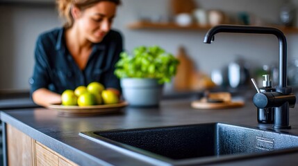Stylish kitchen scene with modern faucet, sink, and fresh fruit, creating a vibrant ambiance.