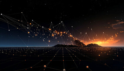Digital Network Connecting City Lights at Sunset.