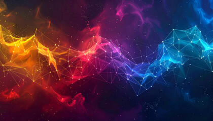 Abstract digital art of colorful network connections in space.