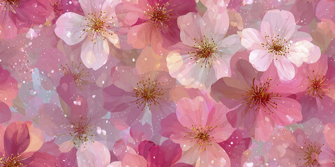 Soft pink flower pattern with delicate petals and golden stamens creates gentle and romantic atmosphere, perfect for feminine design and springtime themes