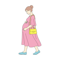 Pregnant woman walking and touching belly while carrying purse  