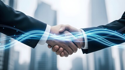 Business handshake with blue energy flow lines. Digital connectivity and global partnership. Two business professionals shaking hands representing high tech networking and cooperation